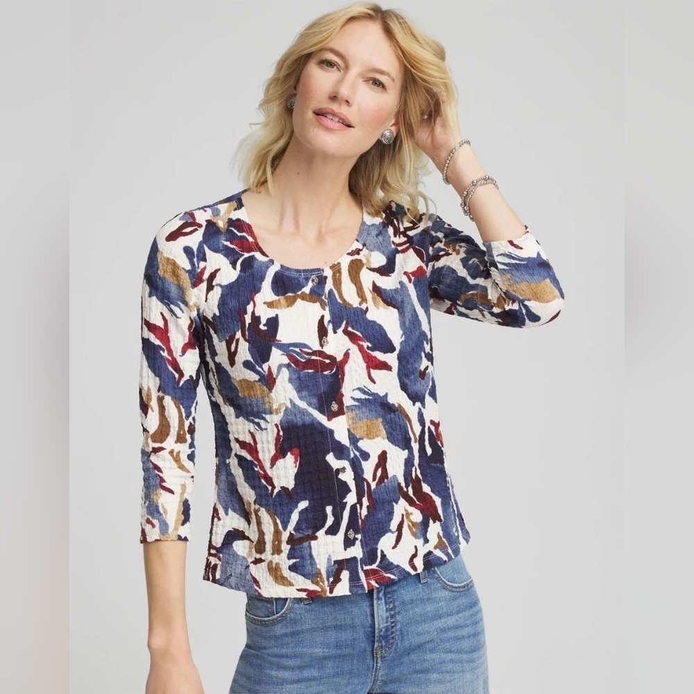 Chico's NWT Wild Out Textured Cardi 3/4 Slv Top Abstract 3/XL